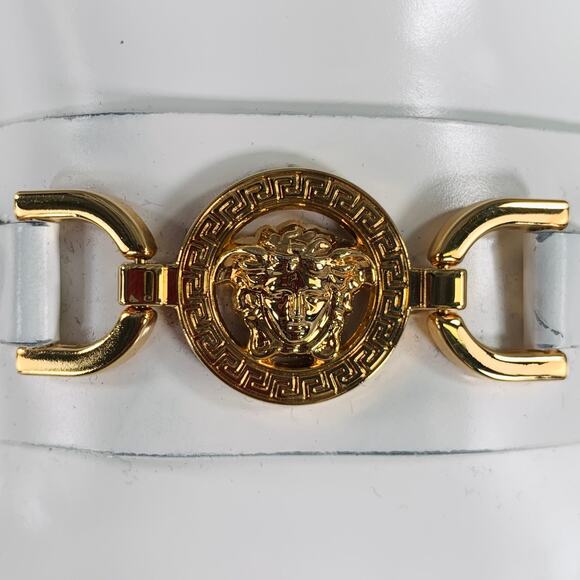 VERSACE Size 9 White Gold Leather Logo Moccasin Flats - Picture 5 of 10